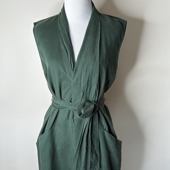 Zara Green Linen Blend Sleeveless Belted Midi Dress - Picture 3 of 9